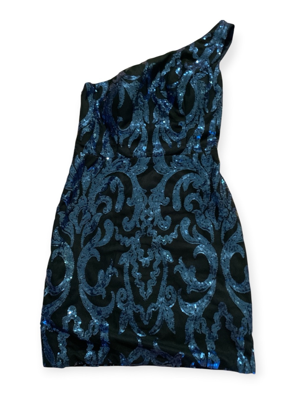 One-Shoulder Dark Blue Dress with Blue Sequin Baroque Pattern